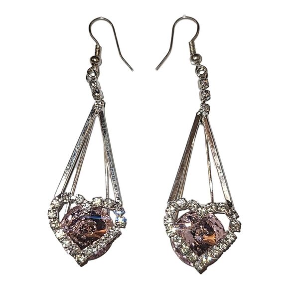 Pink Crystal Heart Drop Earrings‎ Silver Tone Rhinestones 2.5" - Picture 6 of 8